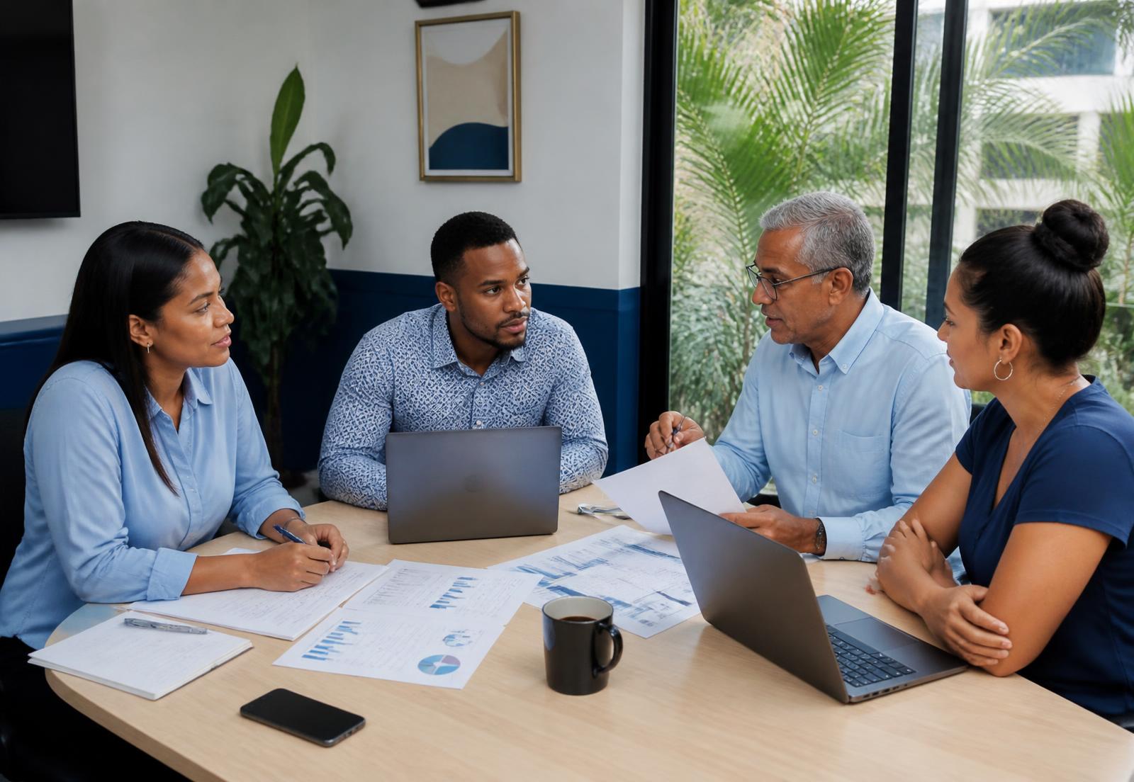The Vishnu Maharaj & Co. team reviewing financial statements with a client in San Fernando